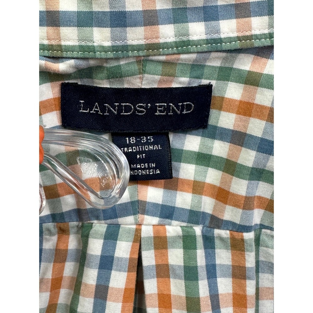 Lands' End Men's Orange Green‎ Blue Gingham Plaid Button Down Shirt XL 18-35